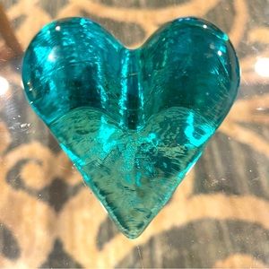 Vintage FIRE & LIGHT teal green / blue art glass heart signed & dated 2000 EUC